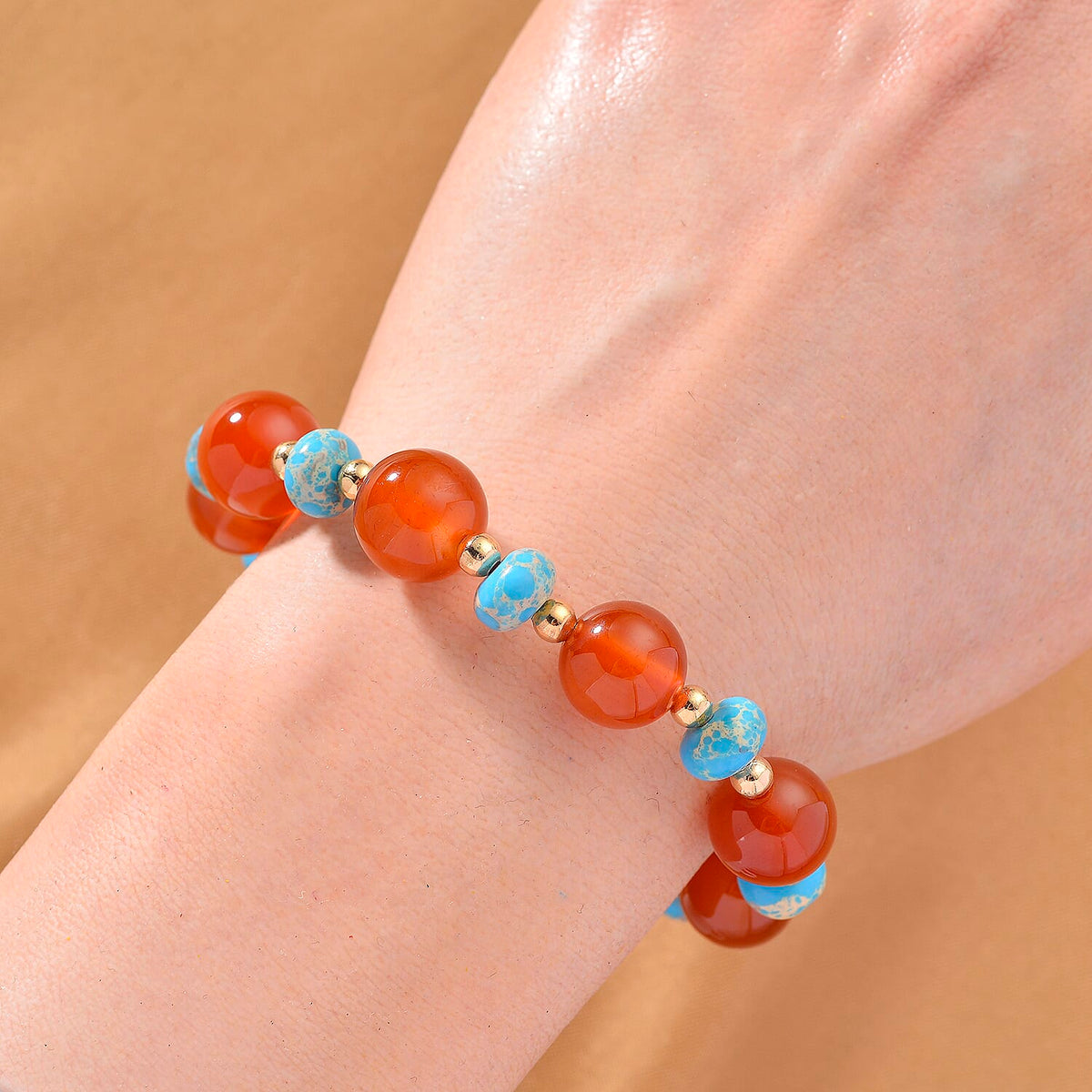 Pueblo Style Collection Launch - Ruby Agate &amp; Blue Imperial Jasper Bracelet (Size 7.5 Strechable) in Yellow Gold Overlay 110.00 Ct. 8215444 2