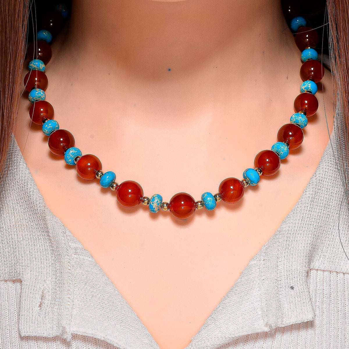 Pueblo Style Collection Launch - Ruby Agate &amp; Blue Imperial Jasper Necklace (Size 18 + 2) in Yellow Gold Overlay 230.00 Ct. 8215438 2