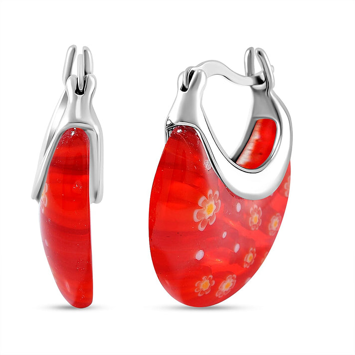 Red Colour Murano Style Glass Floral Basket Earring With Clasp in Rhodium Overlay Sterling Silver 7893970 1
