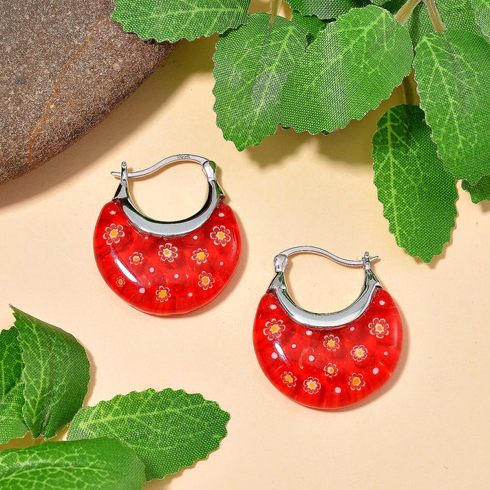 Red Colour Murano Style Glass Floral Basket Earring With Clasp in Rhodium Overlay Sterling Silver 7893970 2