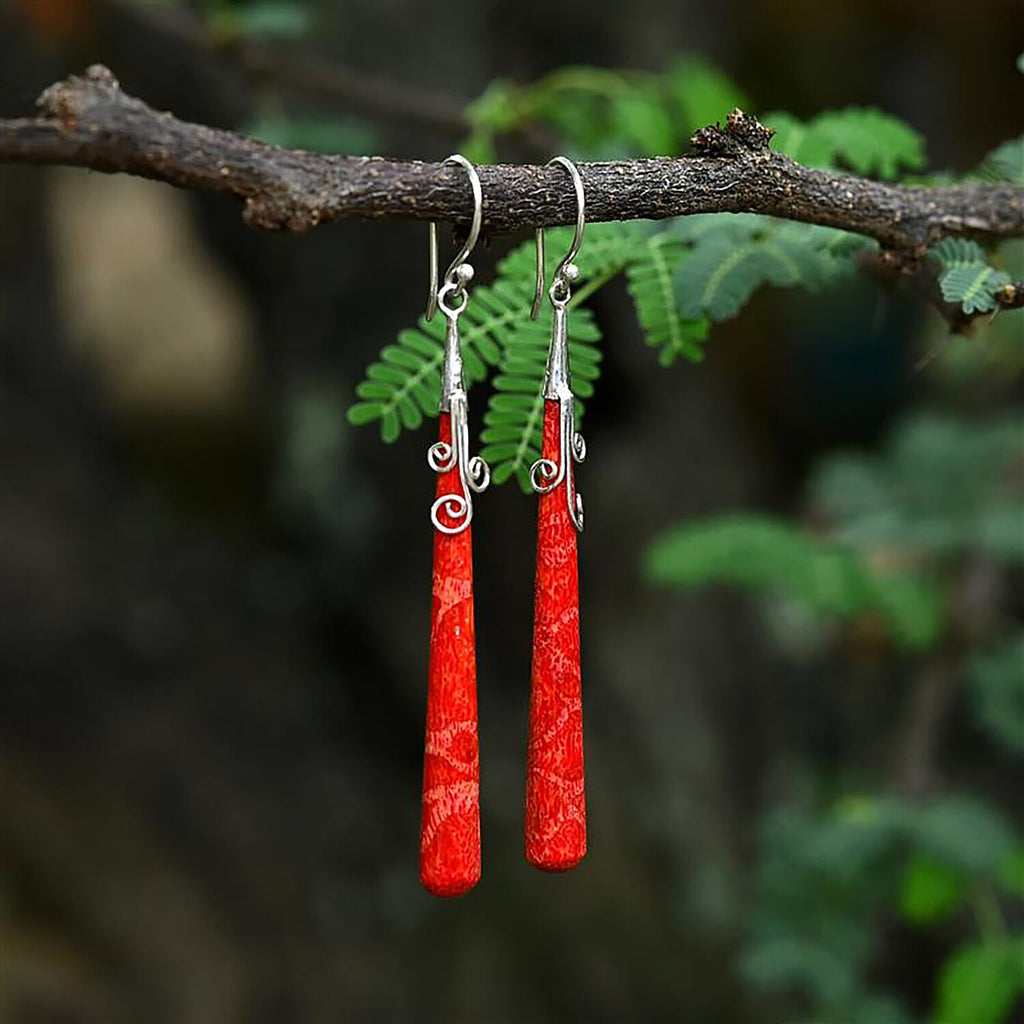 Royal Bali Collection - Red Coral Sterling Silver Earring with Hook