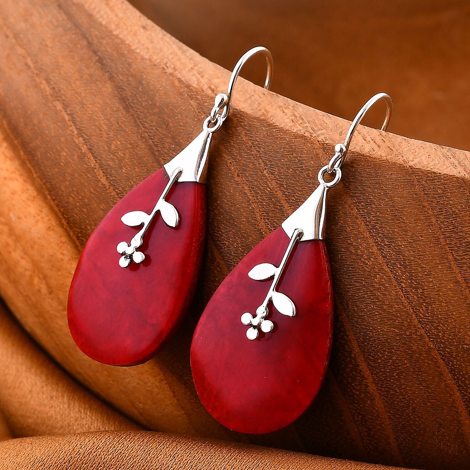 Red Coral Sterling Silver Floral Drop Earring with J Hook 7768472 7