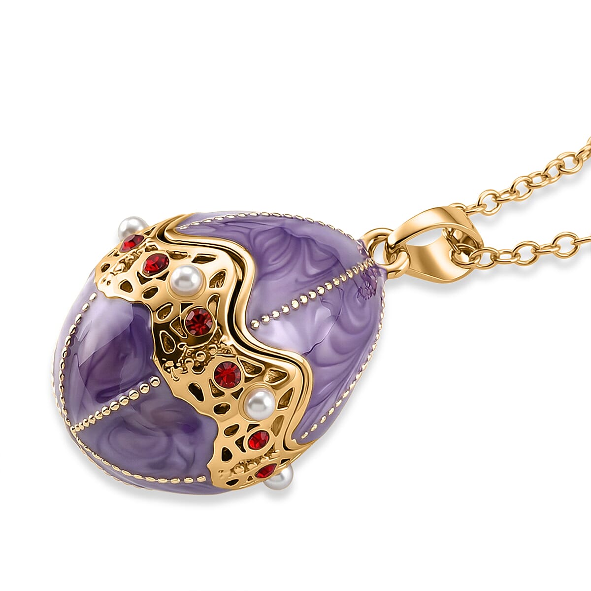 The Luxury Egg Collection - Red Crystal &amp; Multi Colour Enamelled Egg Pendant with Chain (Size 24+2 Ext) - Purple 4468171 4