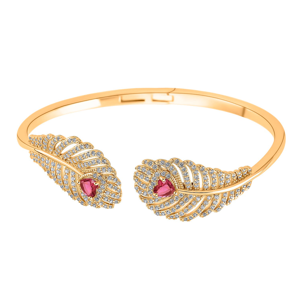 Designer Inspired- Ruby Colour Zirconia and White Cubic Zirconia Peacock Feather Cuff Bangle (Size -7.5) V32532592 0