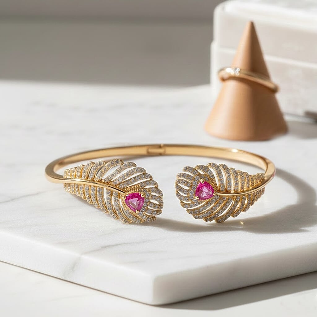 Designer Inspired- Ruby Colour Zirconia and White Cubic Zirconia Peacock Feather Cuff Bangle (Size -7.5) V32532592 2