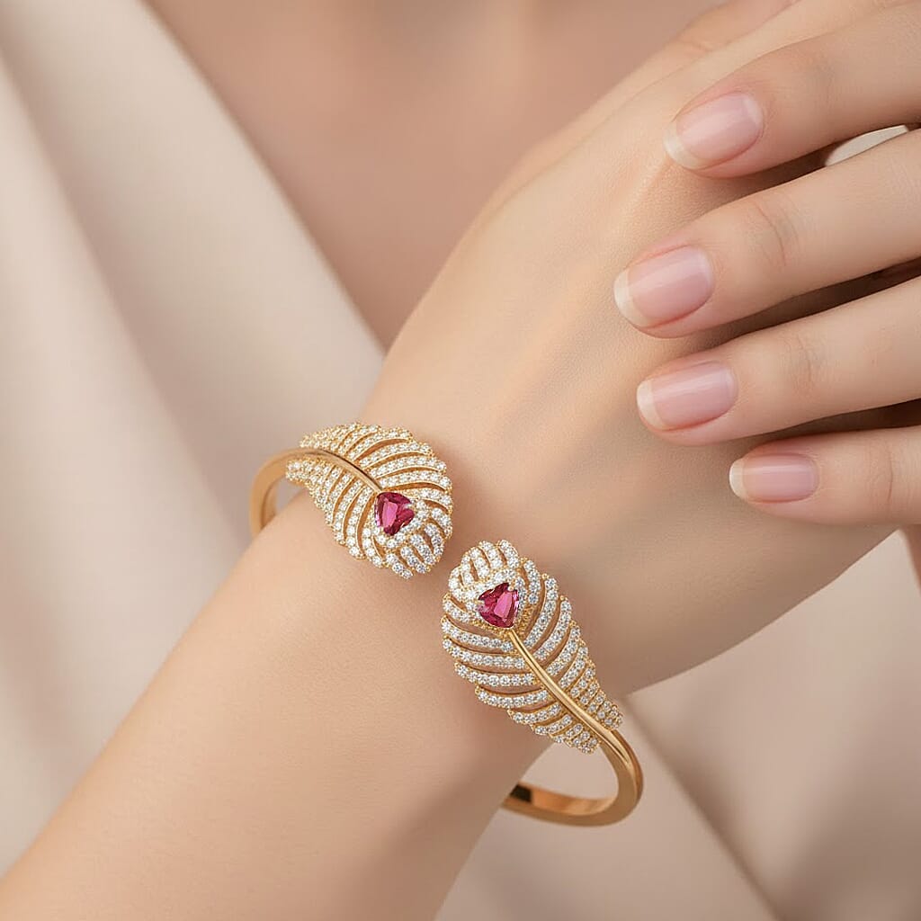 Designer Inspired- Ruby Colour Zirconia and White Cubic Zirconia Peacock Feather Cuff Bangle (Size -7.5) V32532592 3