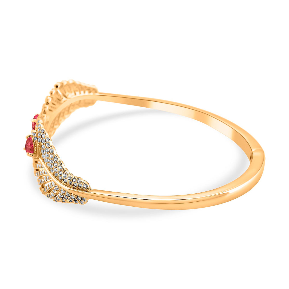 Designer Inspired- Ruby Colour Zirconia and White Cubic Zirconia Peacock Feather Cuff Bangle (Size -7.5) V32532592 4