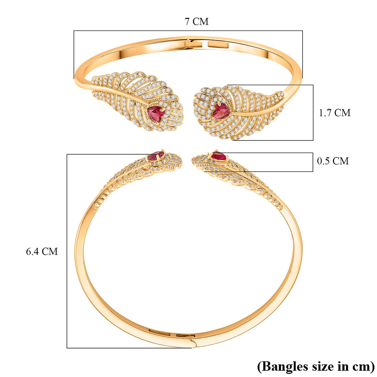 Designer Inspired- Ruby Colour Zirconia and White Cubic Zirconia Peacock Feather Cuff Bangle (Size -7.5) V32532592 5