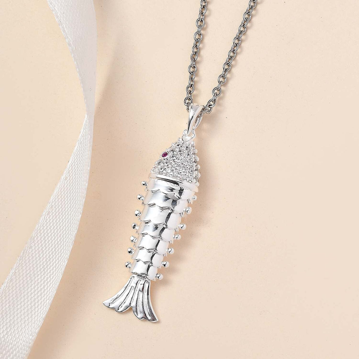 Vicenza Closeout - Articulated Fish Simulated Red and White Diamond Pendant in Platinum Overlay Sterling Silver with Free Chain (Size 20) 4217276 2