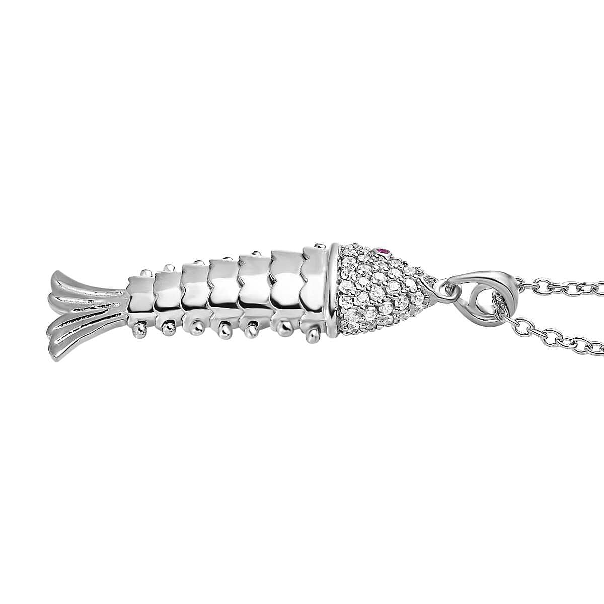 Vicenza Closeout - Articulated Fish Simulated Red and White Diamond Pendant in Platinum Overlay Sterling Silver with Free Chain (Size 20) 4217276 3