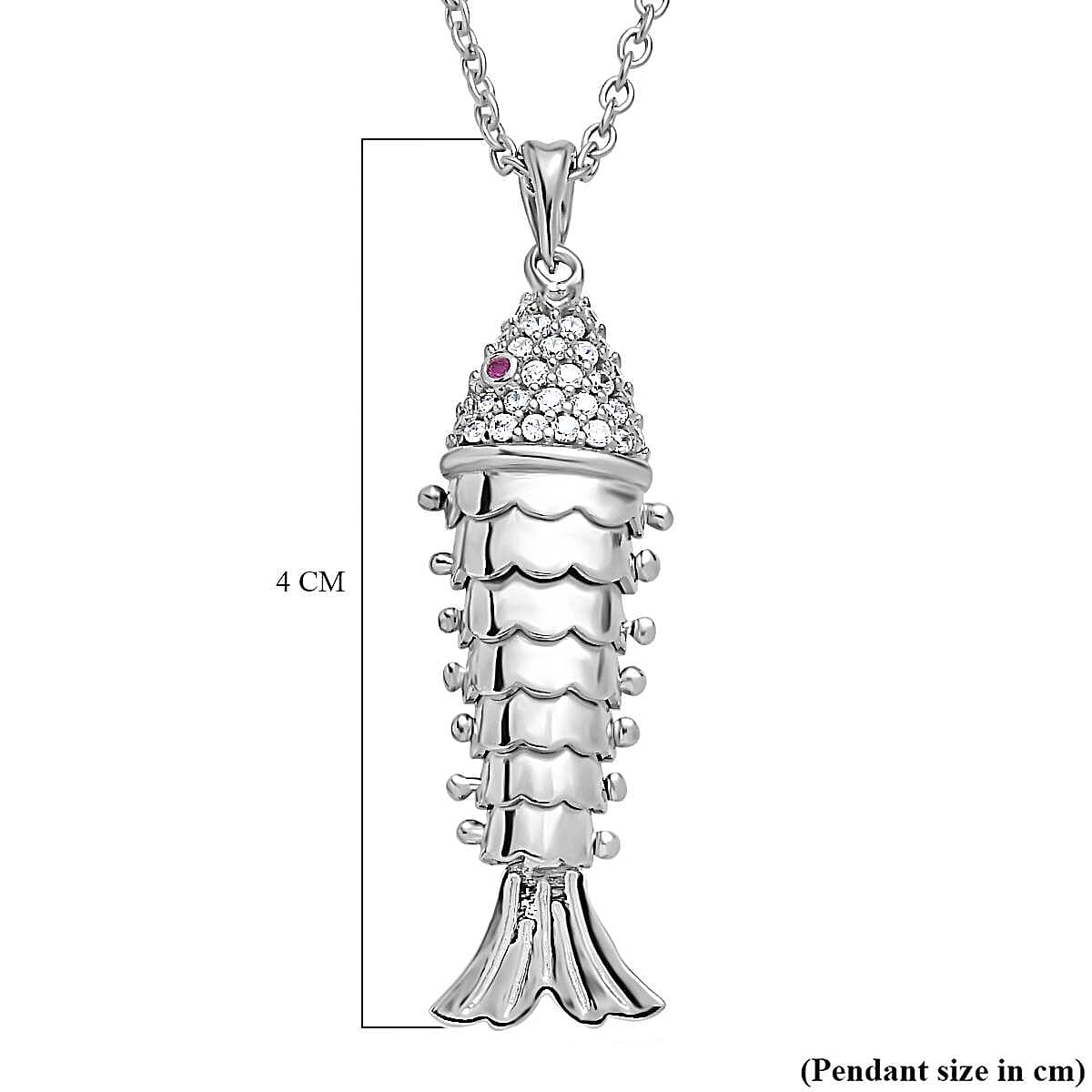 Vicenza Closeout - Articulated Fish Simulated Red and White Diamond Pendant in Platinum Overlay Sterling Silver with Free Chain (Size 20) 4217276 5