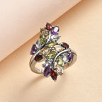 Red Garnet, Multi Gemstones Cluster Ring in Silver Tone 5.09 Ct.