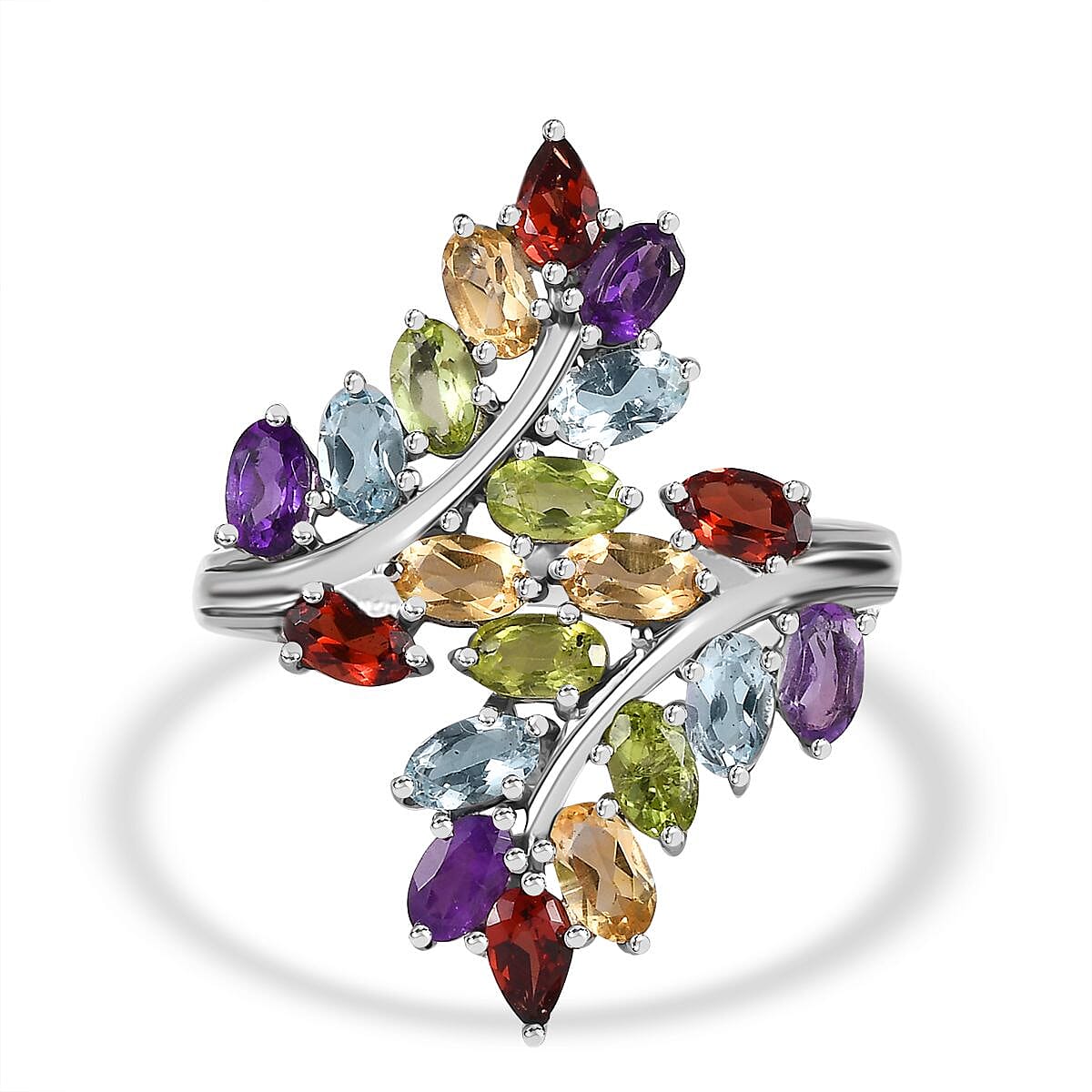 Red Garnet, Multi Gemstones Leaf Bypass Ring in Silver Tone 5.09 Ct. 7965923 7