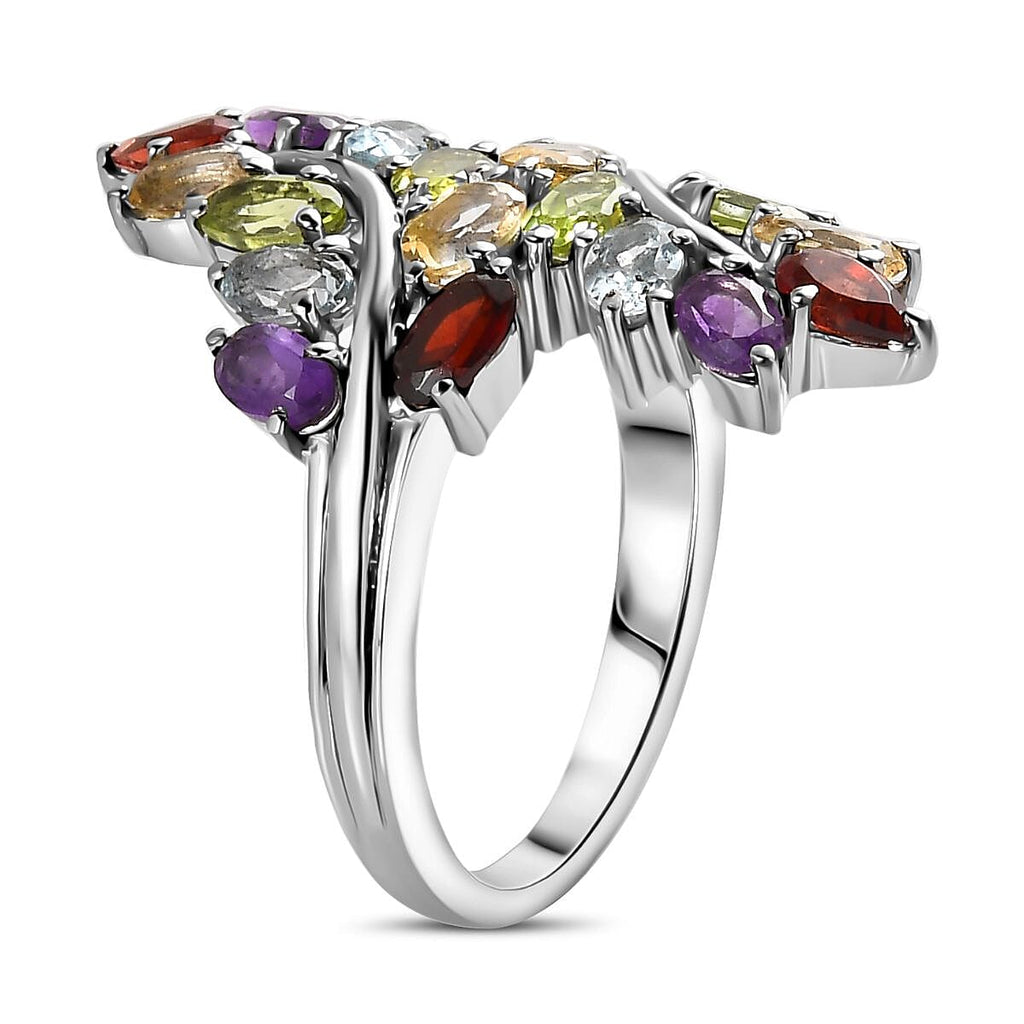 Red Garnet, Multi Gemstones Cluster Ring in Silver Tone 5.09 Ct.