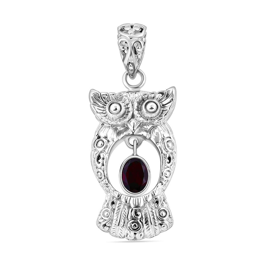 Royal Bali Collection- Handmade Red Garnet Owl Pendant  Sterling Silver 1.40 ct,  Silver Wt. 11.42 Gms
