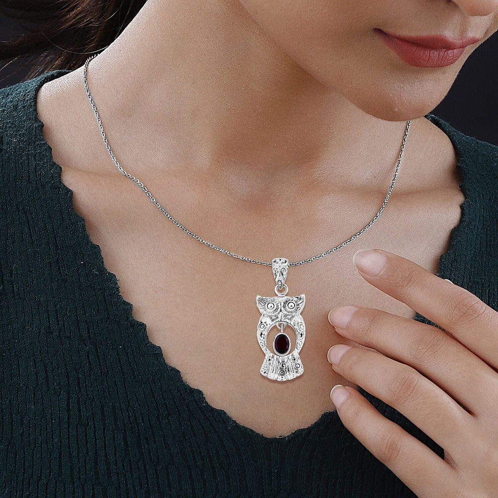 Royal Bali Collection- Handmade Red Garnet Owl Pendant  Sterling Silver 1.40 ct,  Silver Wt. 11.42 Gms