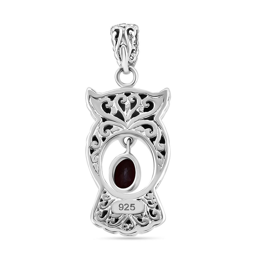 Royal Bali Collection- Handmade Red Garnet Owl Pendant  Sterling Silver 1.40 ct,  Silver Wt. 11.42 Gms