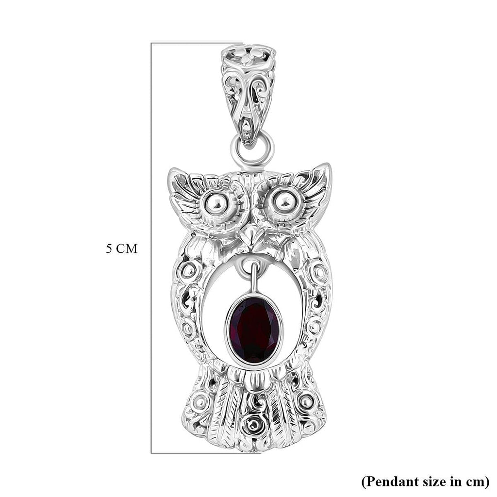 Royal Bali Collection- Handmade Red Garnet Owl Pendant  Sterling Silver 1.40 ct,  Silver Wt. 11.42 Gms