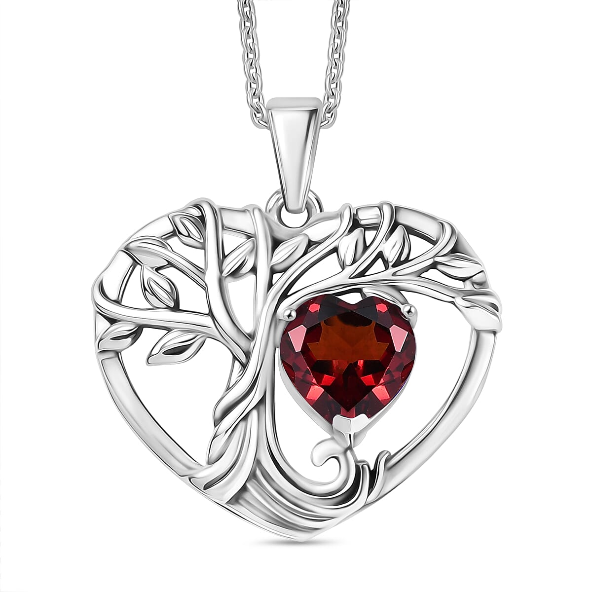 D'Joy Red Garnet Tree of Life Heart Pendant with Cable Chain (Size 20) in Black Oxidised Sterling Silver 1.96 Ct. 4425782 0