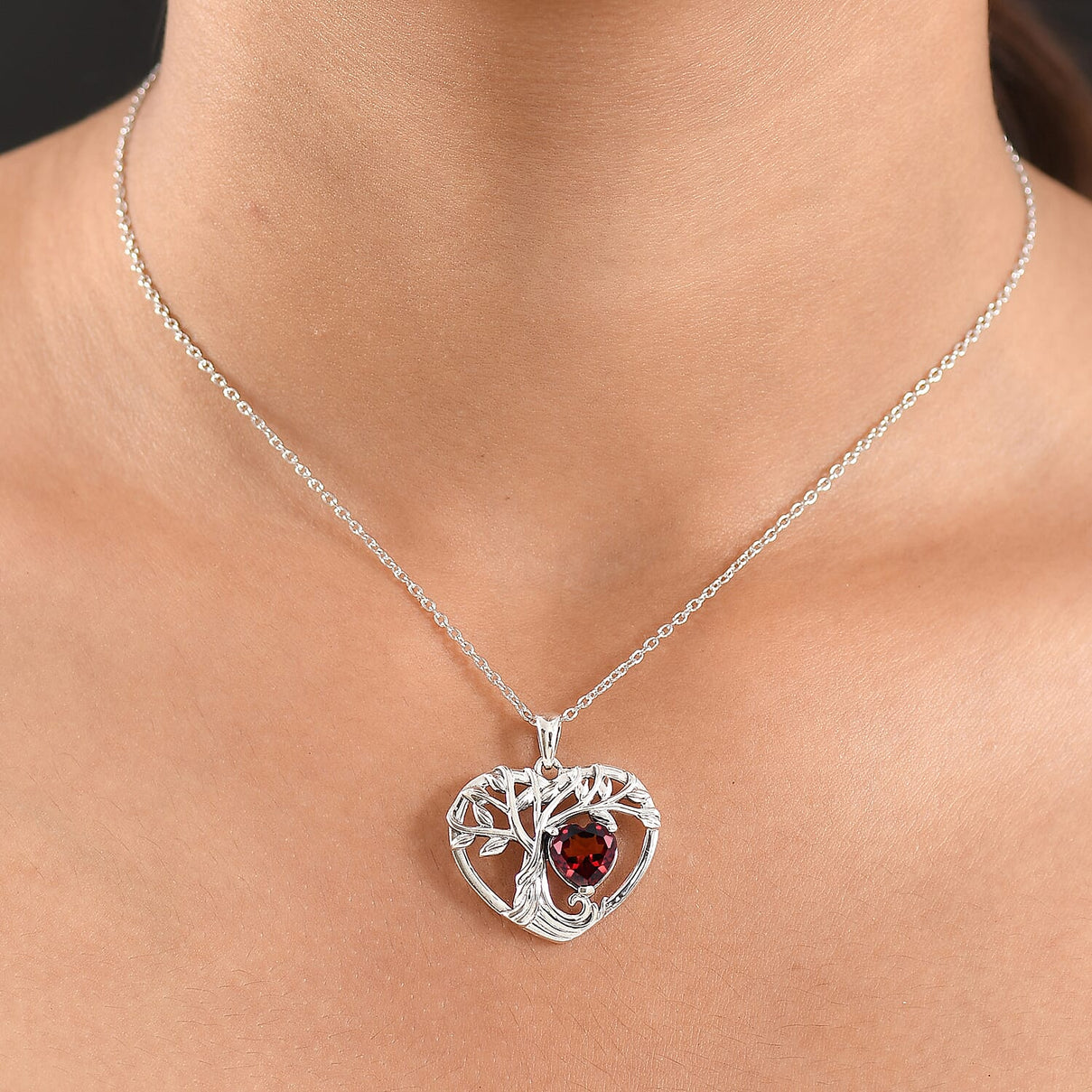D'Joy Red Garnet Tree of Life Heart Pendant with Cable Chain (Size 20) in Black Oxidised Sterling Silver 1.96 Ct. 4425782 2