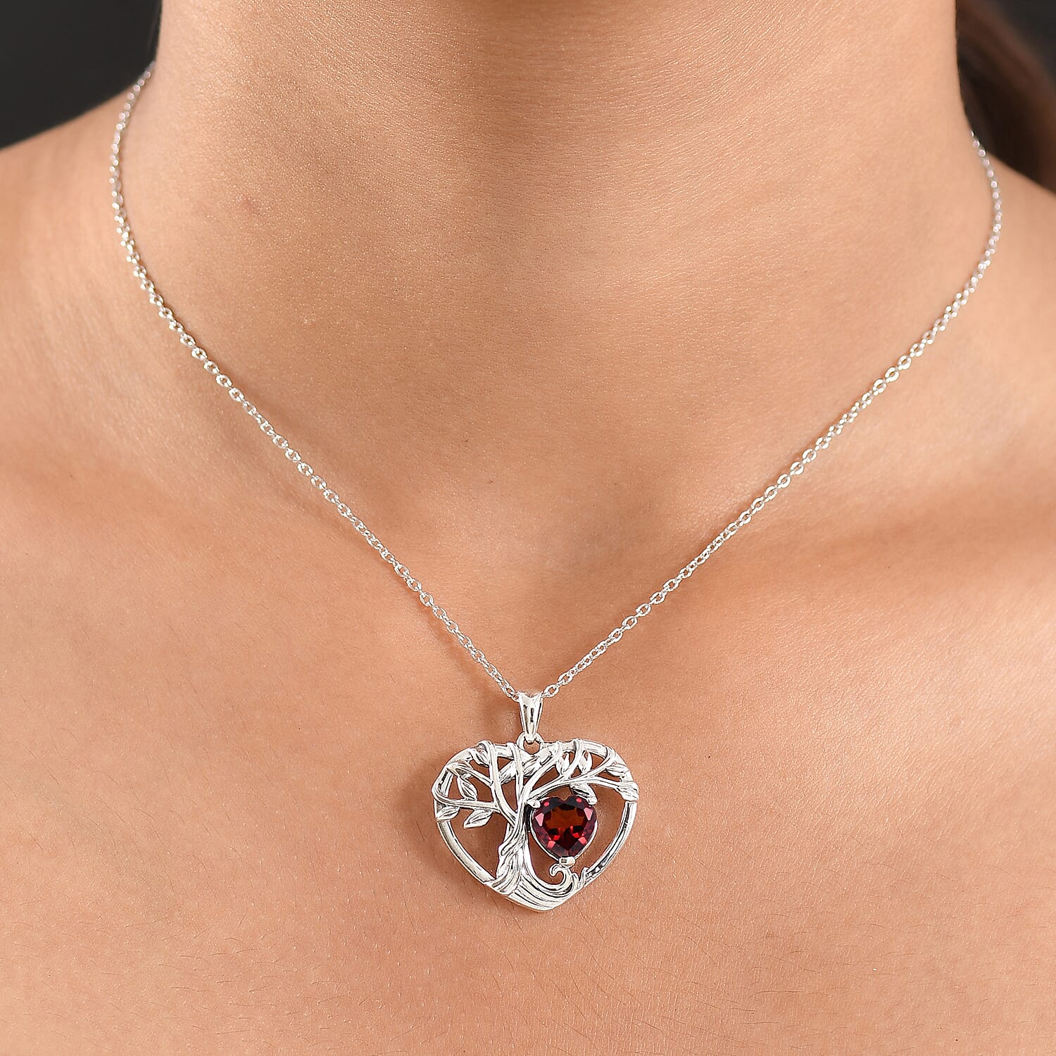 D'Joy Red Garnet Tree of Life Heart Pendant with Cable Chain (Size 20) in Black Oxidised Sterling Silver 1.96 Ct. 4425782 2