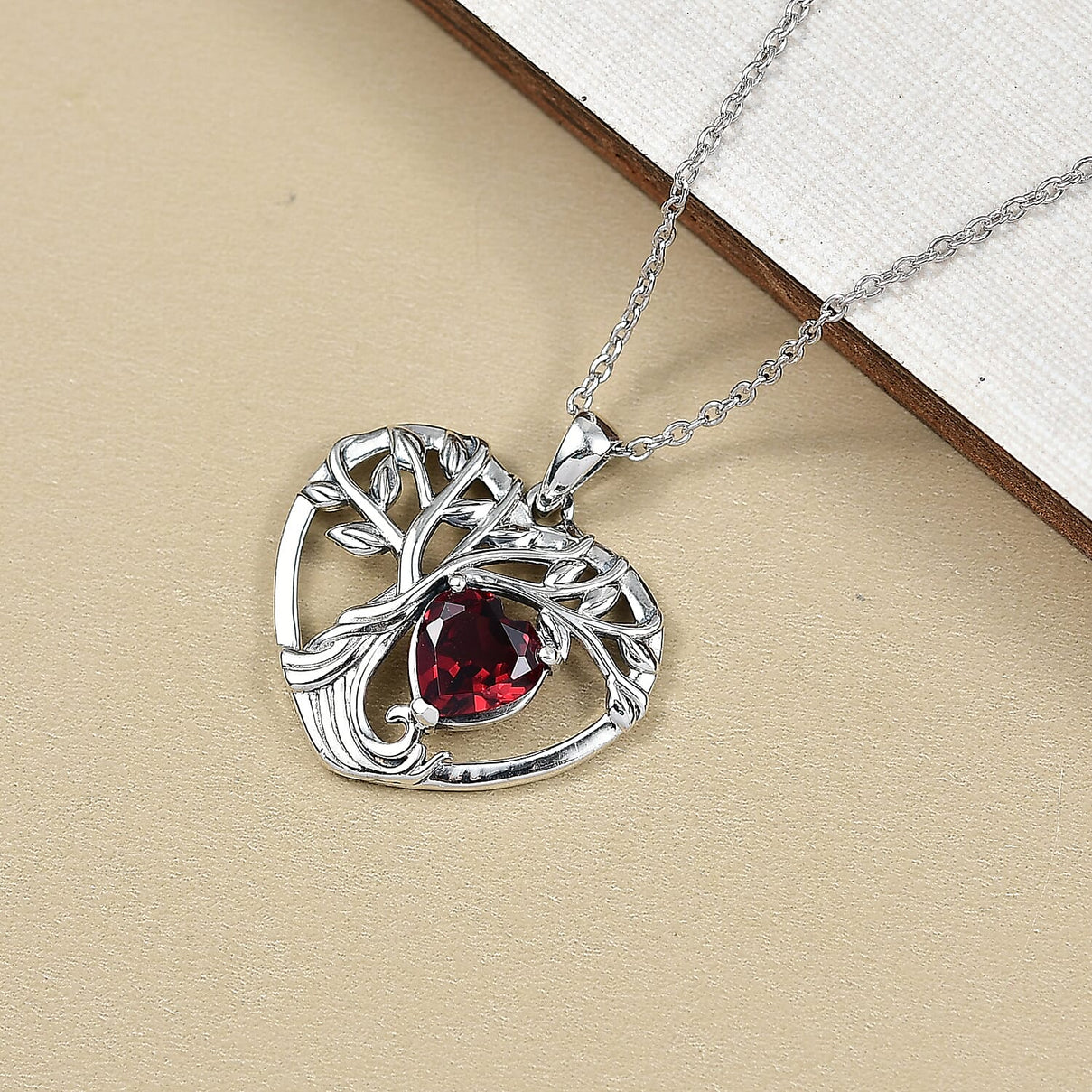 D'Joy Red Garnet Tree of Life Heart Pendant with Cable Chain (Size 20) in Black Oxidised Sterling Silver 1.96 Ct. 4425782 3