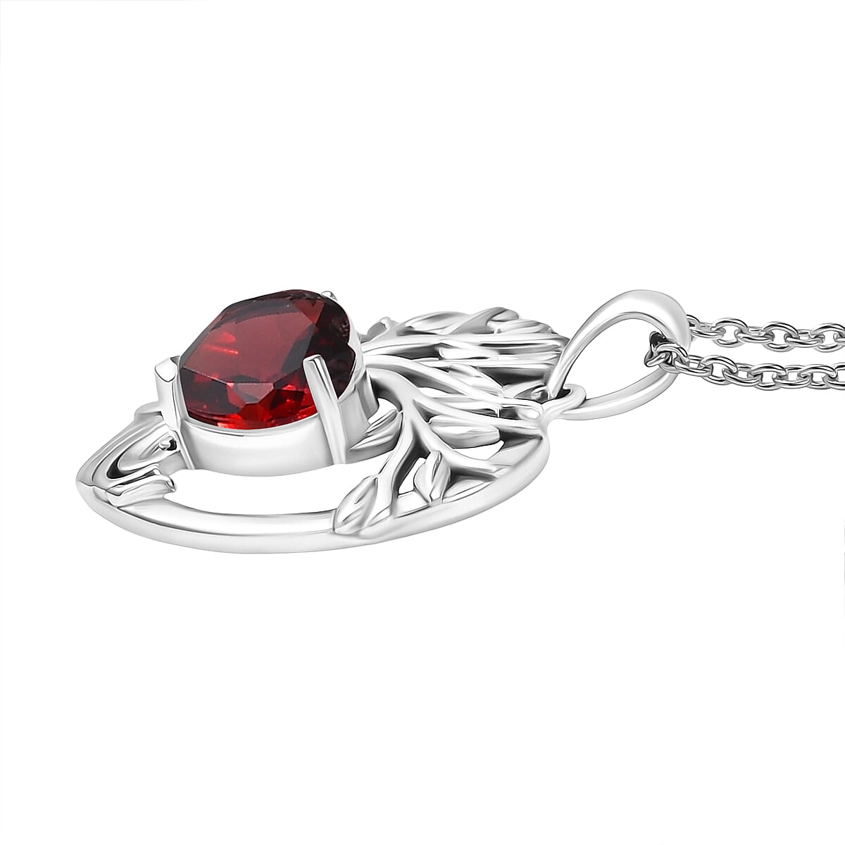 D'Joy Red Garnet Tree of Life Heart Pendant with Cable Chain (Size 20) in Black Oxidised Sterling Silver 1.96 Ct. 4425782 4