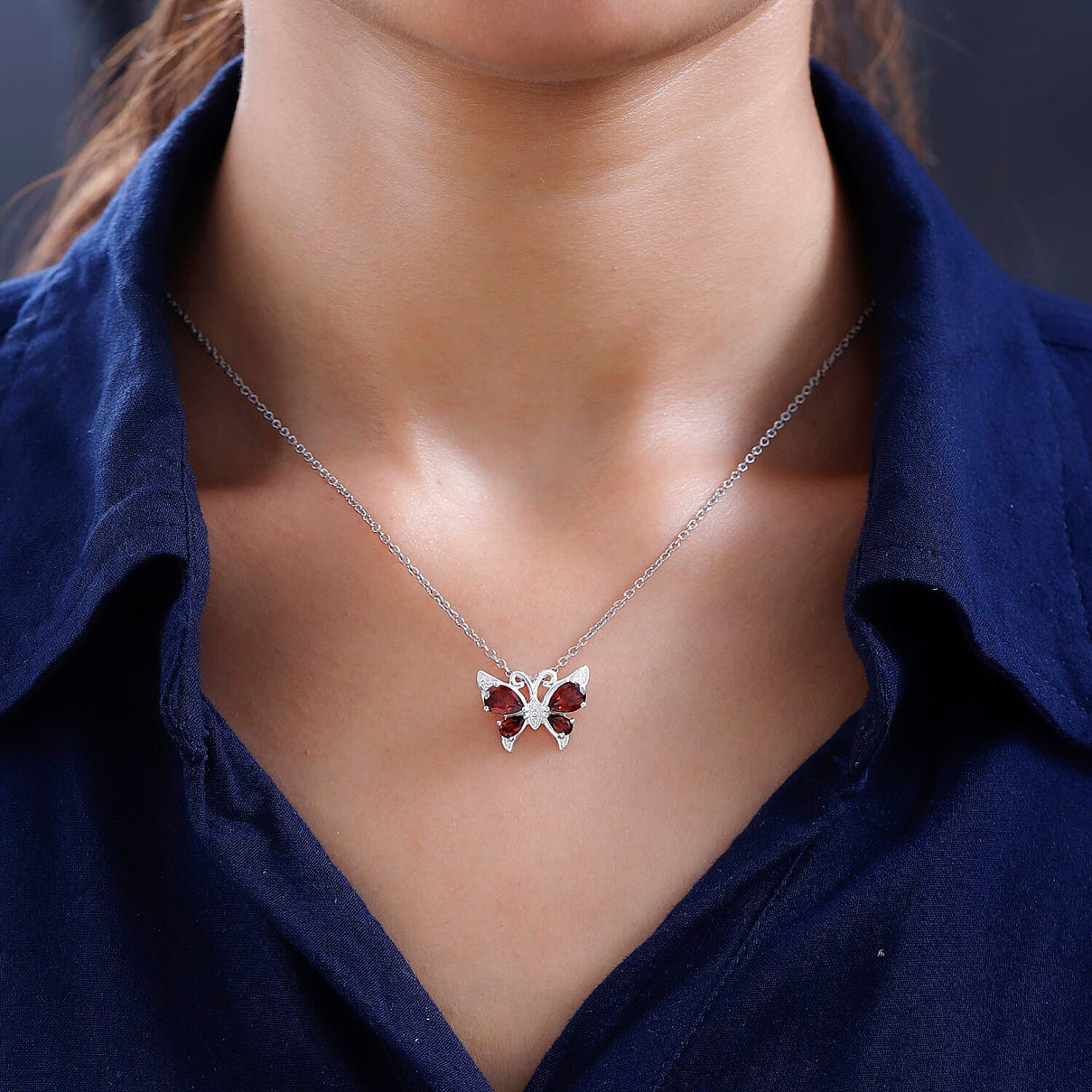 Red Garnet Sterling Silver Butterfly Pendant (Size 20) 1.8 Ct. 4178947 2