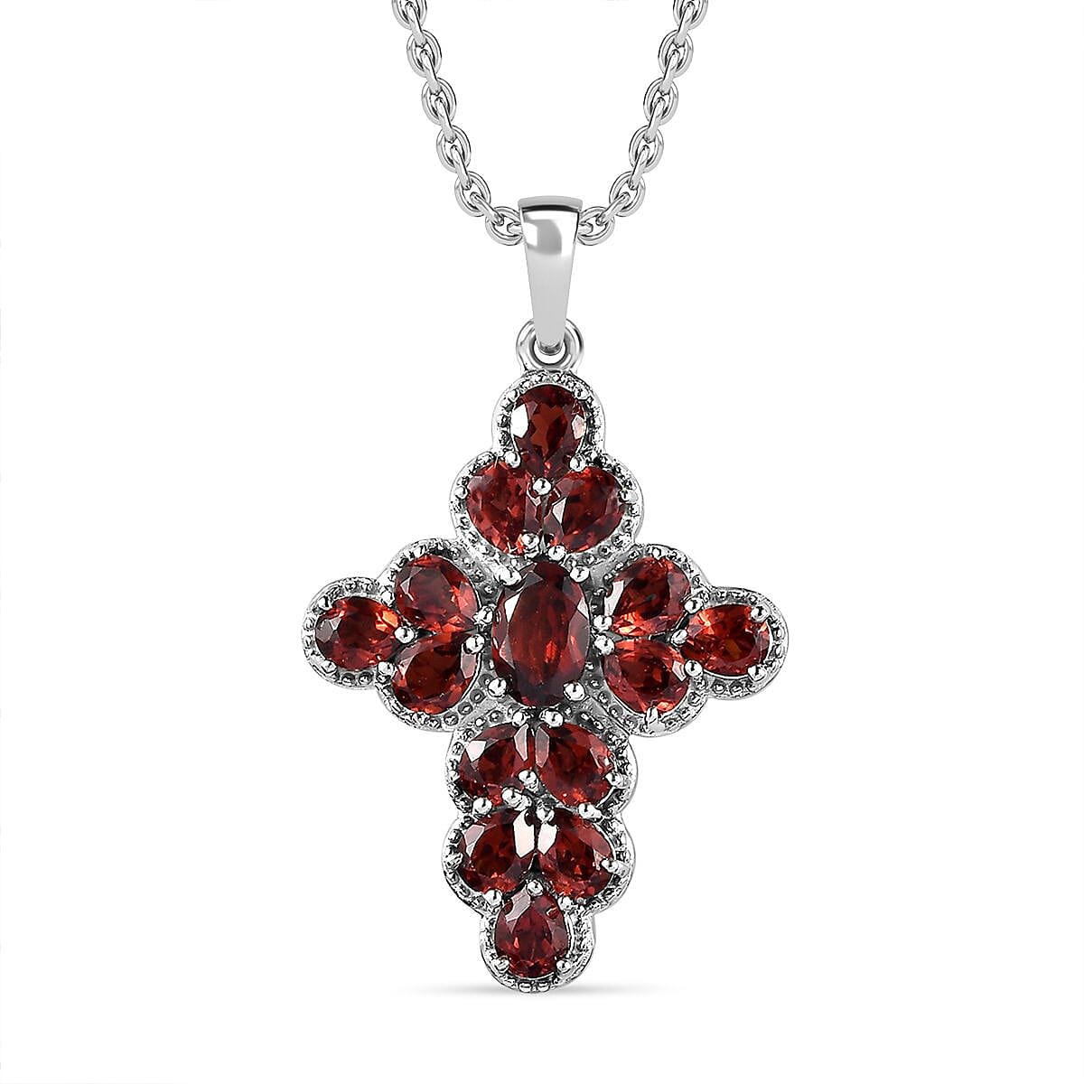 Red Garnet Cross Pendant with Chain (Size 20) in Platinum Overlay Sterling Silver 3.49 Ct, Silver Wt. 5.72 Gms 4268214 0