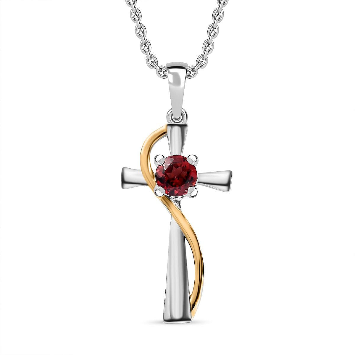 Red Garnet Solitaire Cross Pendant with Chain (Size 20) in Platinum Overlay Sterling Silver 4283033 0