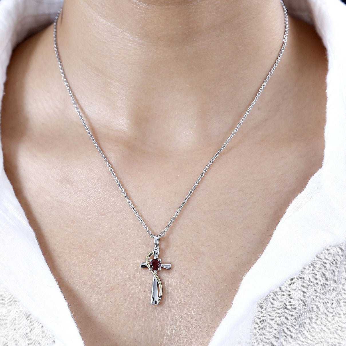 Red Garnet Solitaire Cross Pendant with Chain (Size 20) in Platinum Overlay Sterling Silver 4283033 2