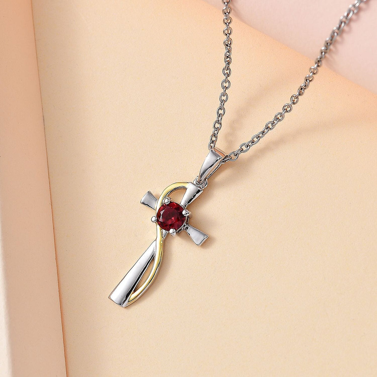 Red Garnet Solitaire Cross Pendant with Chain (Size 20) in Platinum Overlay Sterling Silver 4283033 3