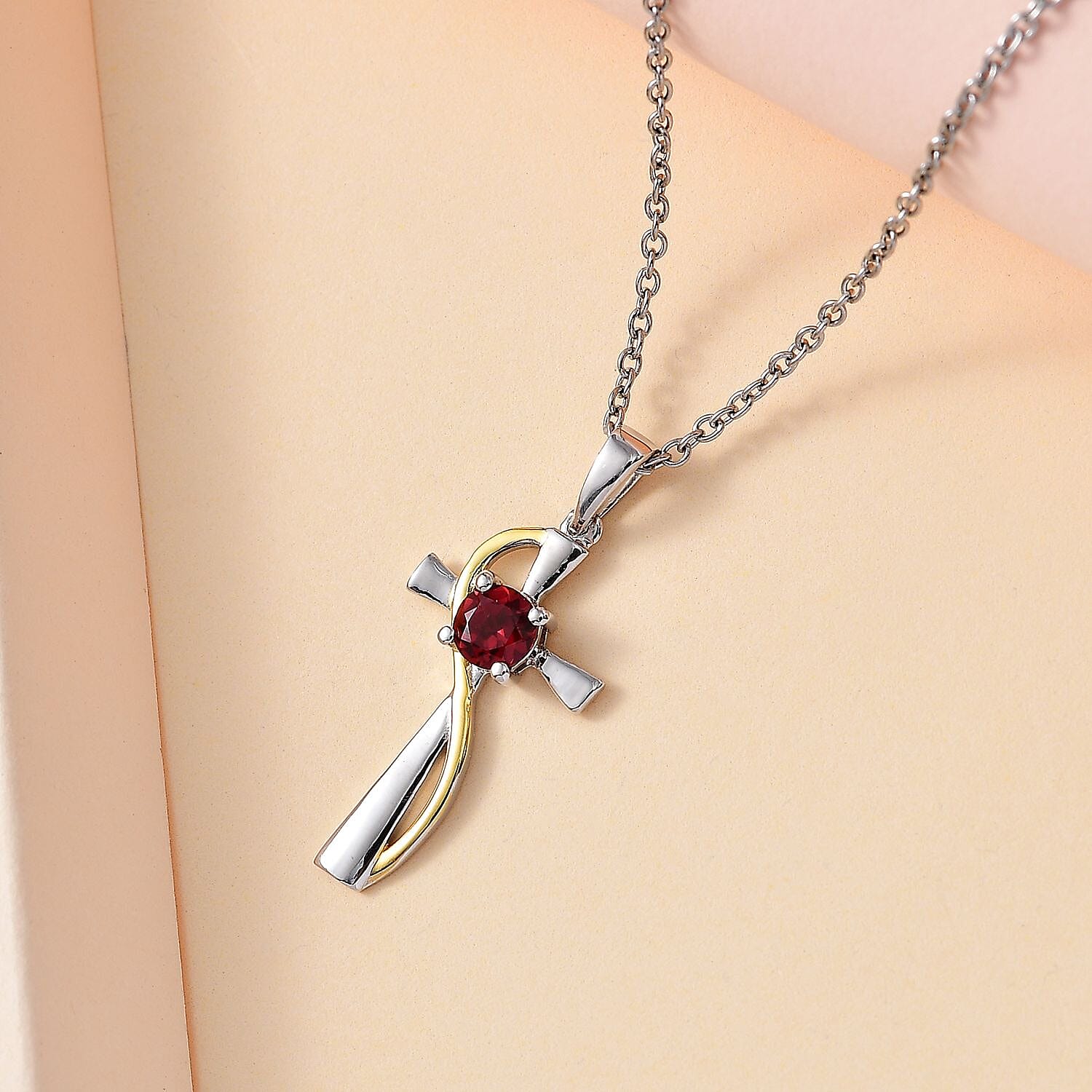 Red Garnet Solitaire Cross Pendant with Chain (Size 20) in Platinum Overlay Sterling Silver 4283033 3