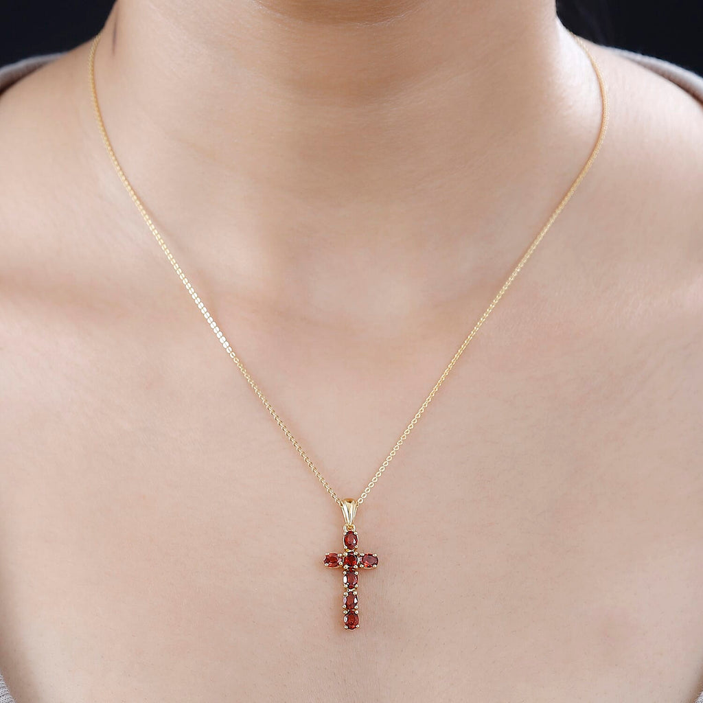 D'Joy - Red Garnet Cross Pendant with Chain (Size 20) in 18K Vermeil Yellow Gold Plated Sterling Silver 1.64 Ct.