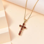D'Joy - Red Garnet Cross Pendant with Chain (Size 20) in 18K Vermeil Yellow Gold Plated Sterling Silver 1.64 Ct.
