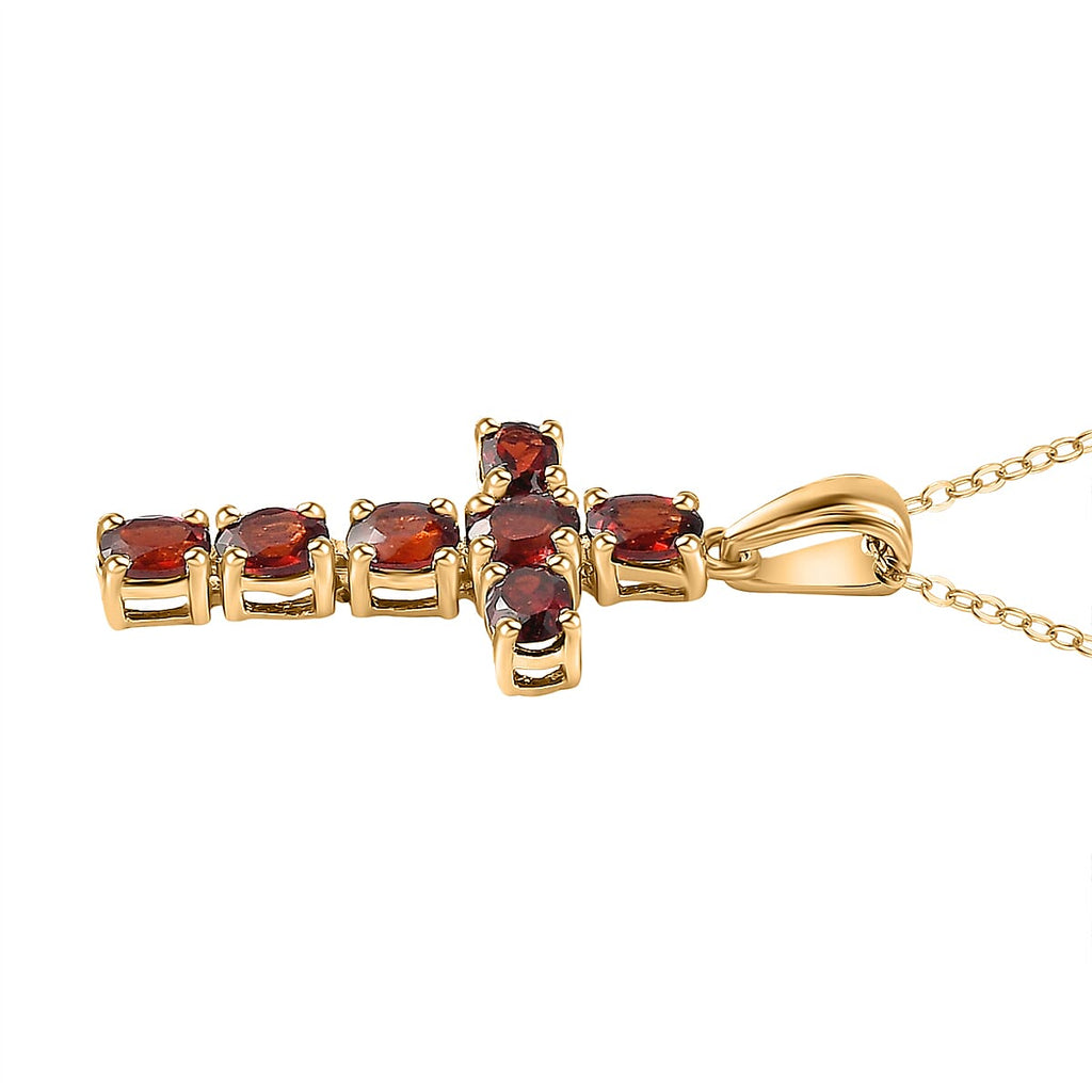 D'Joy - Red Garnet Cross Pendant with Chain (Size 20) in 18K Vermeil Yellow Gold Plated Sterling Silver 1.64 Ct.