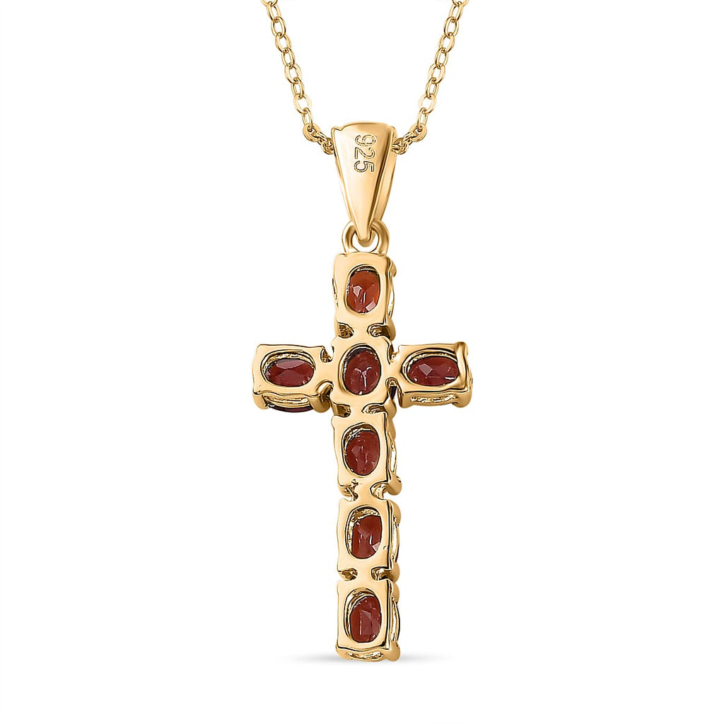D'Joy - Red Garnet Cross Pendant with Chain (Size 20) in 18K Vermeil Yellow Gold Plated Sterling Silver 1.64 Ct.