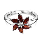 Red Garnet, White Zircon Floral Ring Sterling Silver 1.07 Ct.