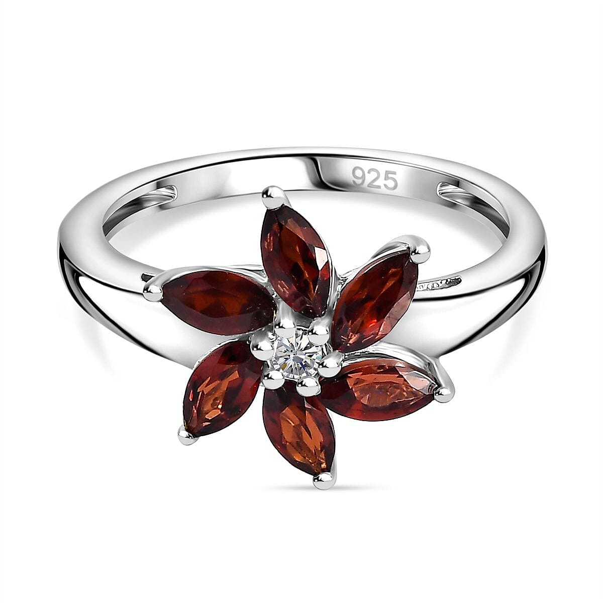 Red Garnet, White Zircon Floral Ring in Sterling Silver 7821573 0