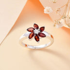 Red Garnet, White Zircon Floral Ring Sterling Silver 1.07 Ct.