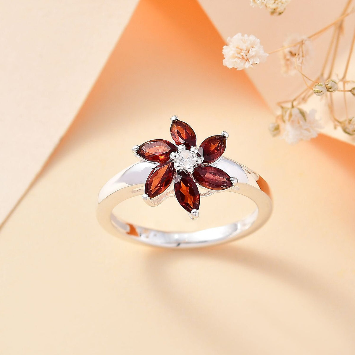 Red Garnet, White Zircon Floral Ring in Sterling Silver 7821573 2