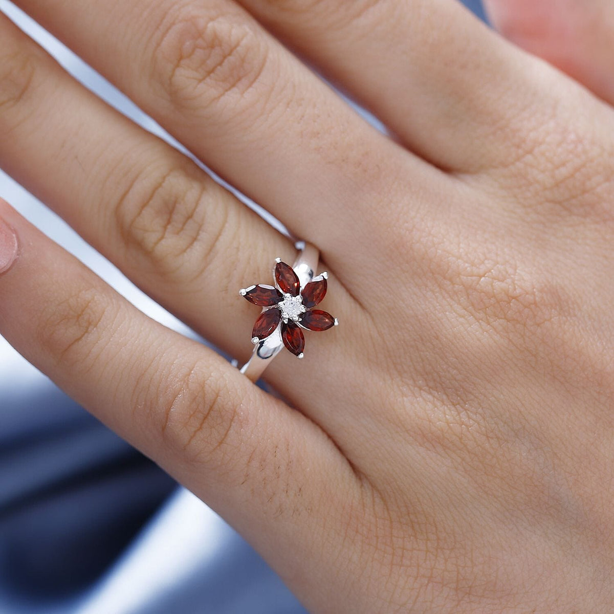 Red Garnet, White Zircon Floral Ring in Sterling Silver 7821573 3
