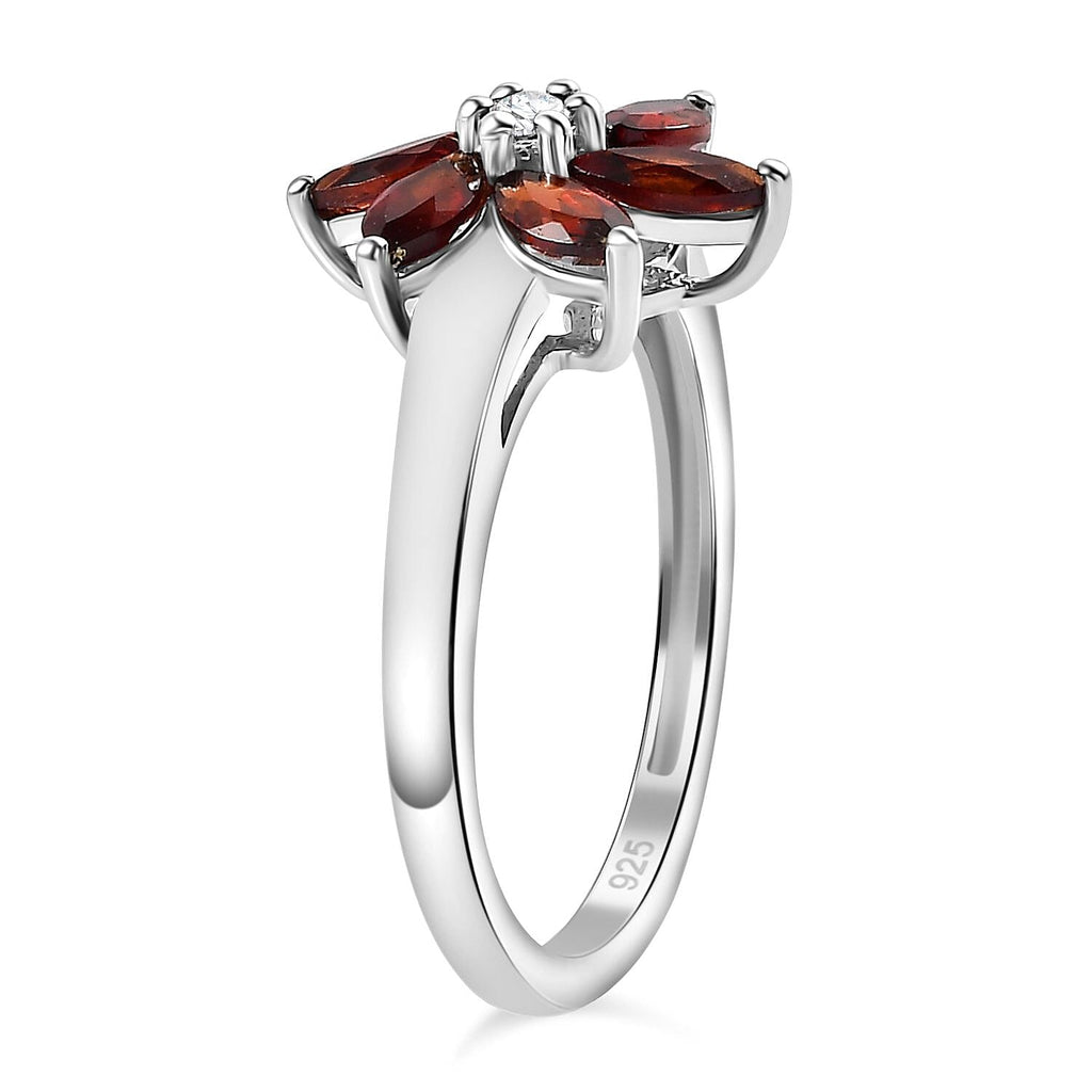 Red Garnet, White Zircon Floral Ring Sterling Silver 1.07 Ct.