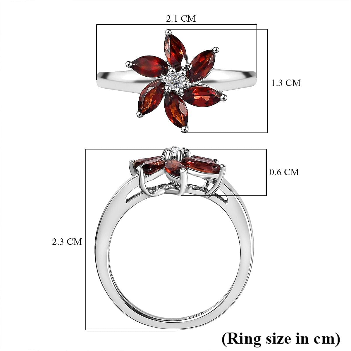Red Garnet, White Zircon Floral Ring in Sterling Silver 7821573 6