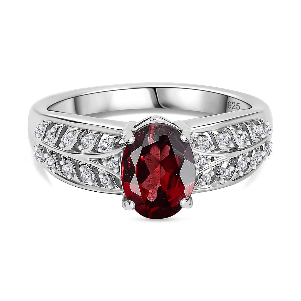 Red Garnet & White Zircon Ring in Rhodium Overlay Sterling Silver 1.81 Ct.