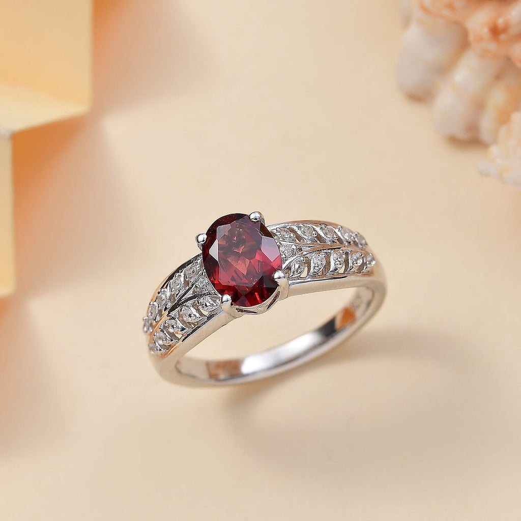 Red Garnet & White Zircon Ring in Rhodium Overlay Sterling Silver 1.81 Ct.