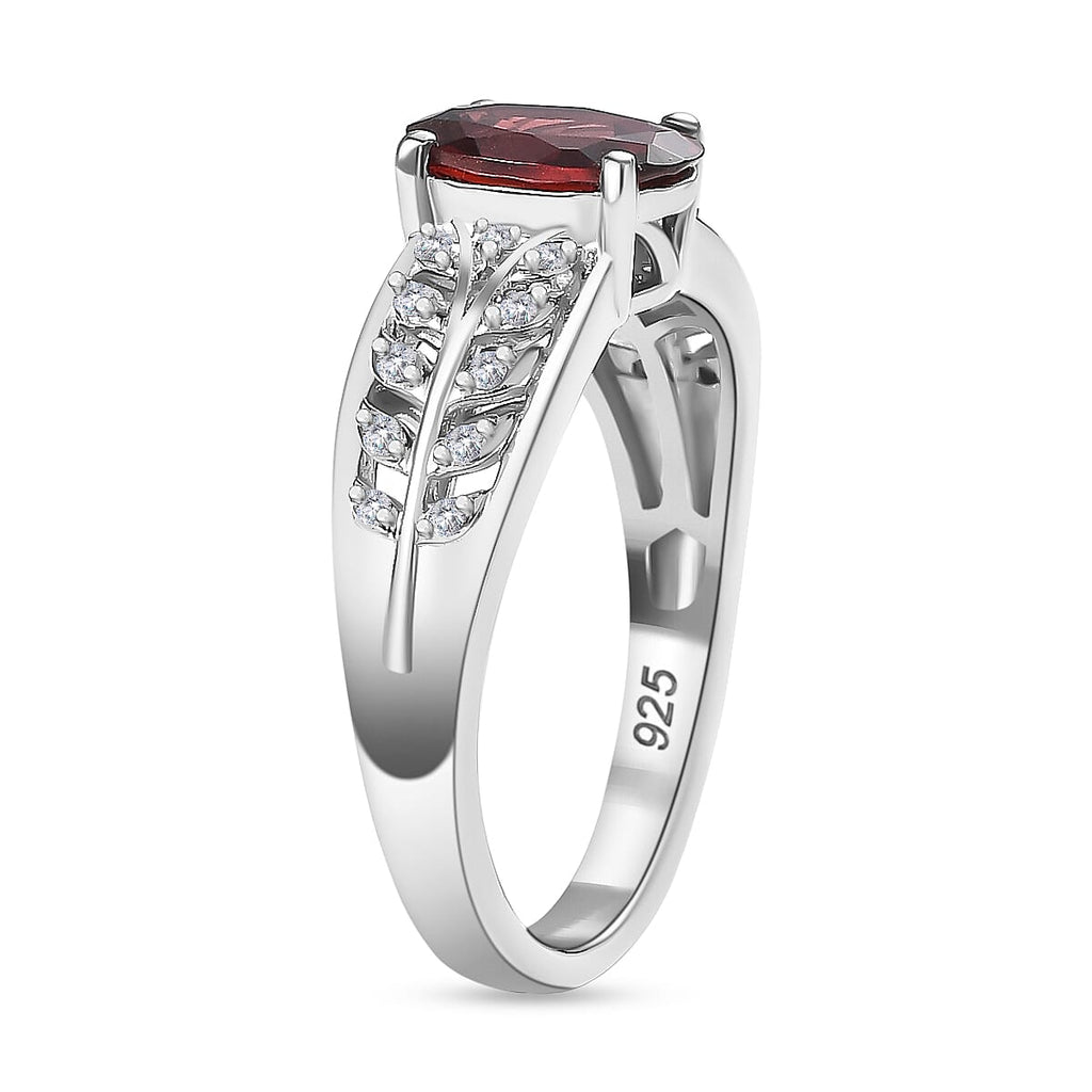 Red Garnet & White Zircon Ring in Rhodium Overlay Sterling Silver 1.81 Ct.