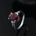 Red Garnet & White Zircon Solitaire Ring in Rhodium Overlay Sterling Silver 3.28 Ct.