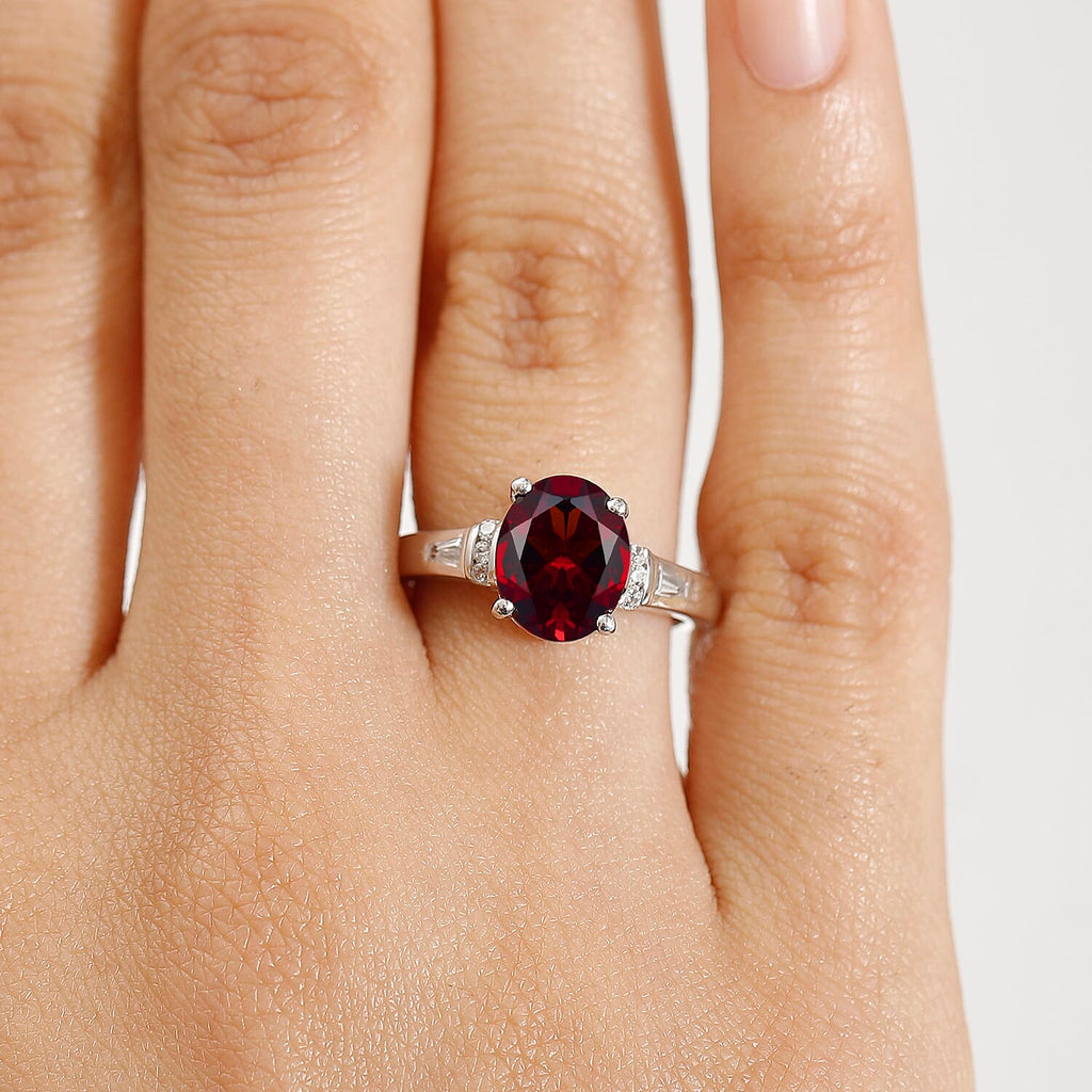 Red Garnet & White Zircon Solitaire Ring in Rhodium Overlay Sterling Silver 3.28 Ct.