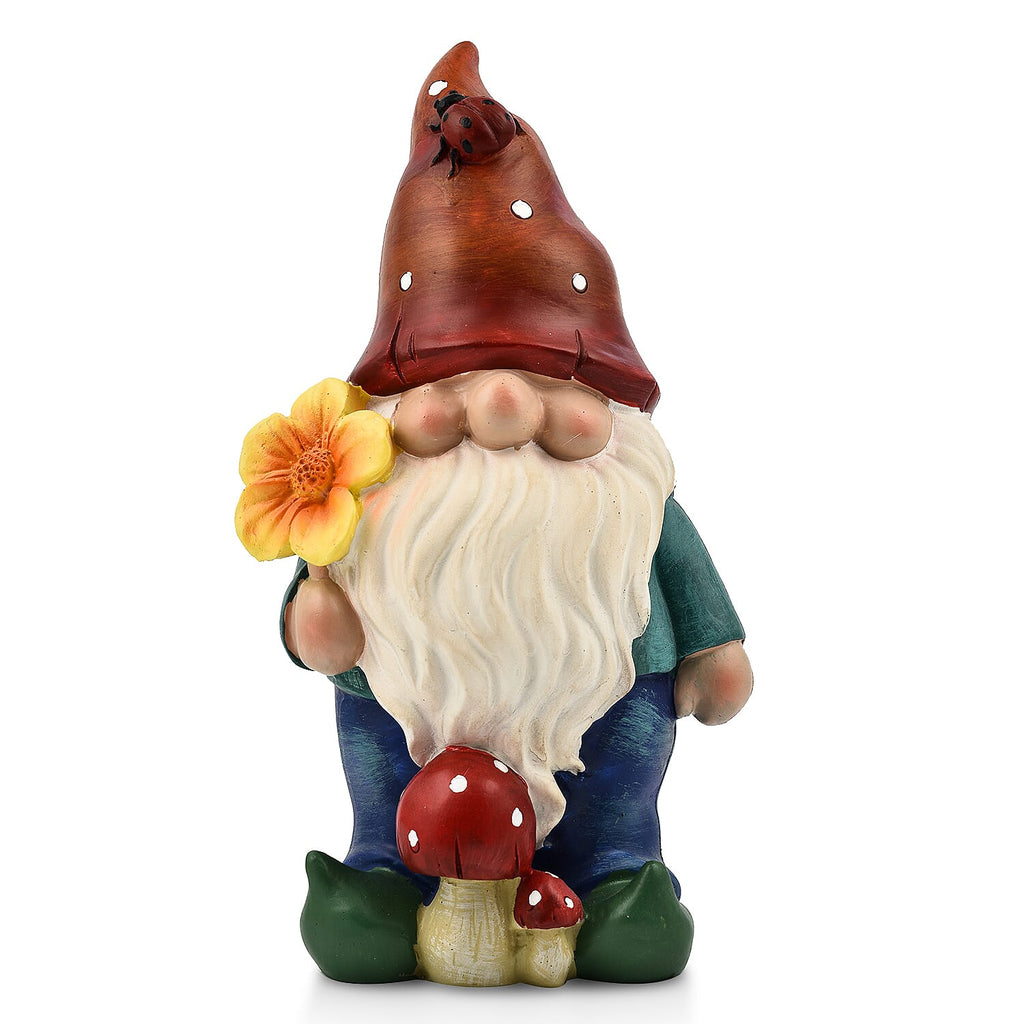 Garden Gnome with Flower (Size 14x11x26 cm) - Red